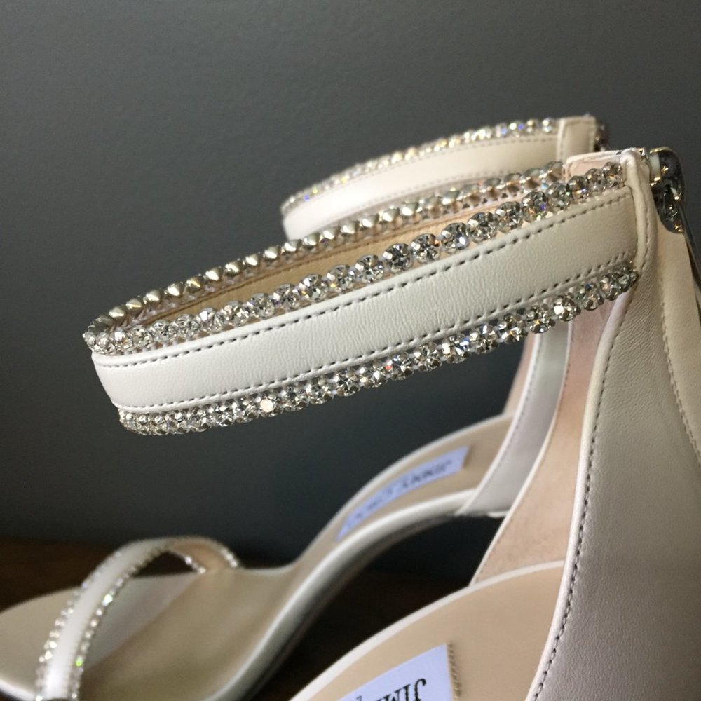 Jimmy Choo Dochas Size 40.5 Latte Leather with Jewel Trim Bridal Sandals Heels - Picture 6 of 15